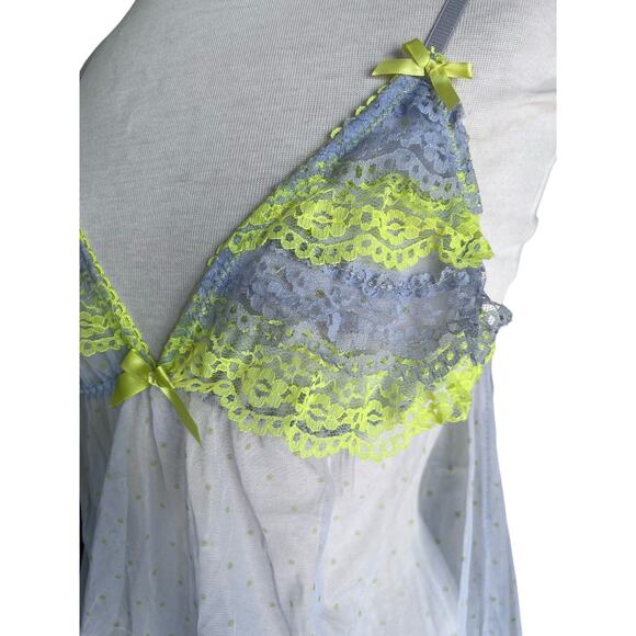 Lavender and Neon Yellow Sheer Polka Dot Lace Large Babydoll Slip Lingerie - Picture 4 of 7